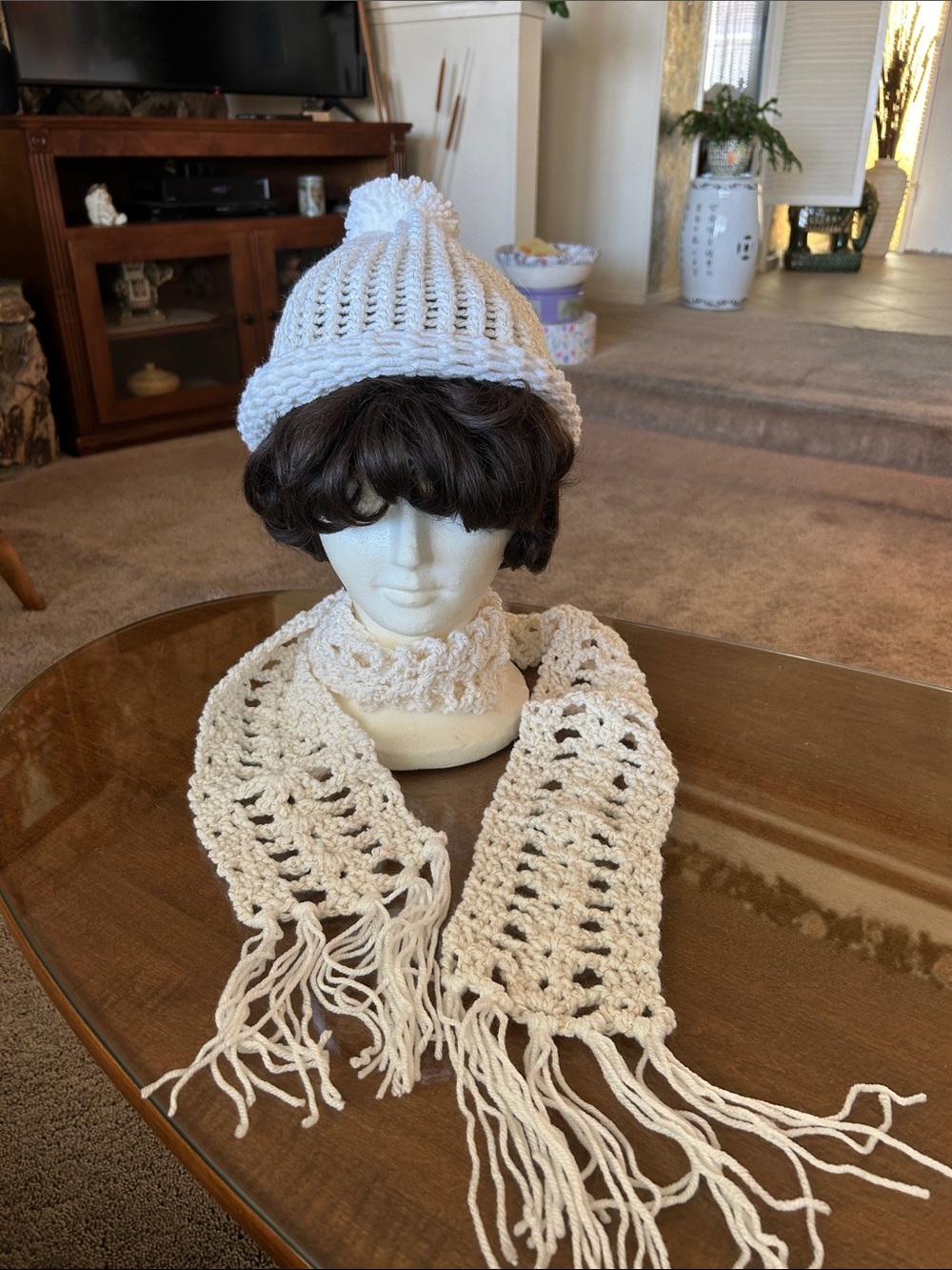 Handmade Cream Crochet Beanie and Scarf Set